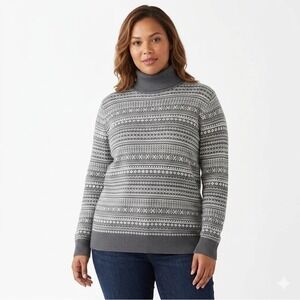 L.L. Bean Women's Fair Isle Turtleneck Sweater Cashmere Cotton  Large Grey cozy
